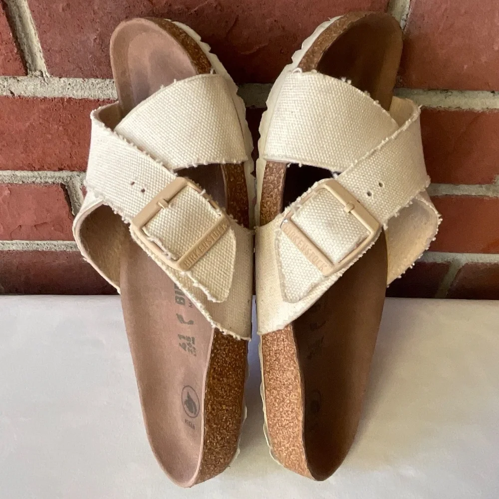 Birkenstock Siena Vegan Sandals Canvas Textile Cross Straps Cream Size 41 W10 M8
